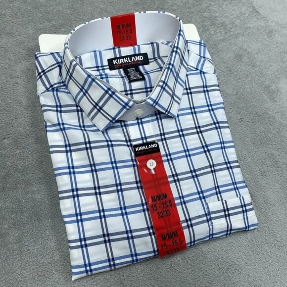 Kirkland Signature Blue Plaid Dress Shirt Medium M 15-15.5 32/33 a0859 - Picture 1 of 4